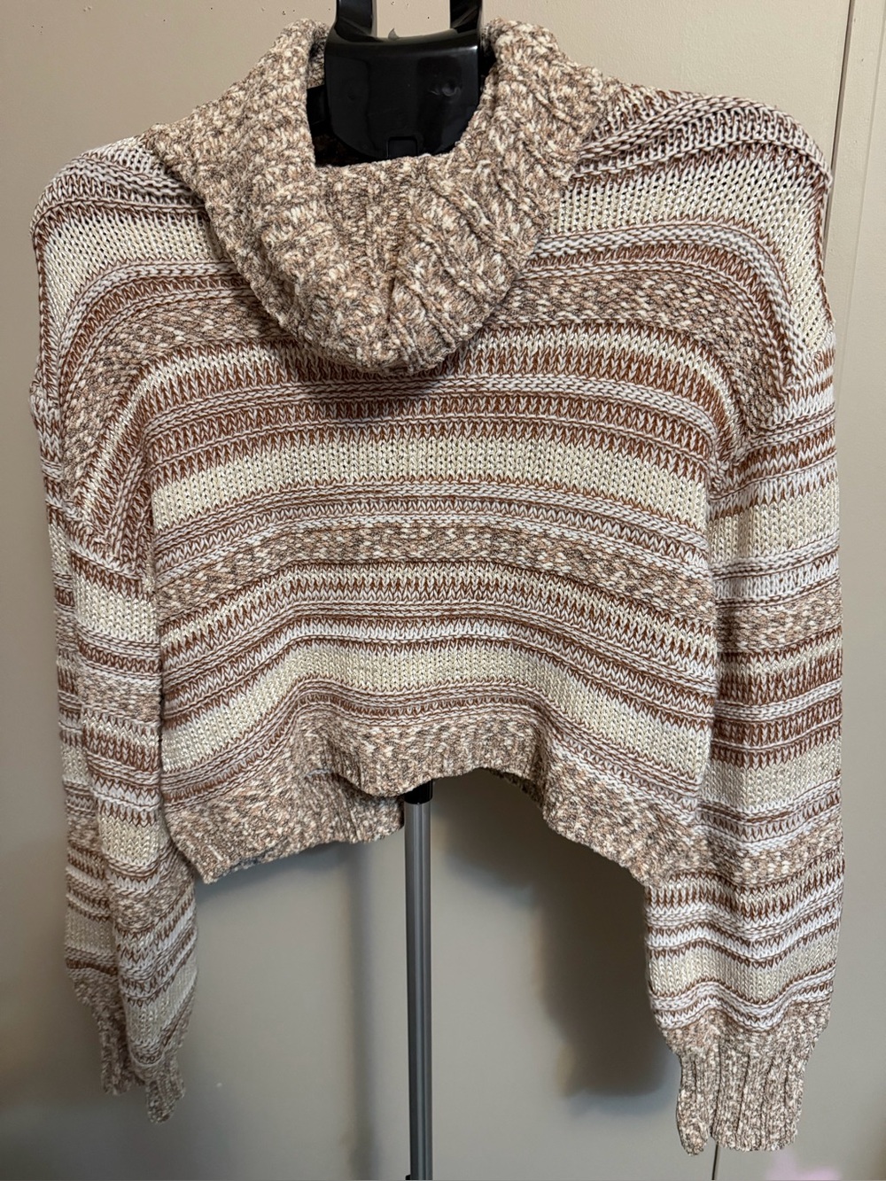 Altar'd State Striped Cropped Knit Hoodie Sweater Boho - Neutral Brown Cream